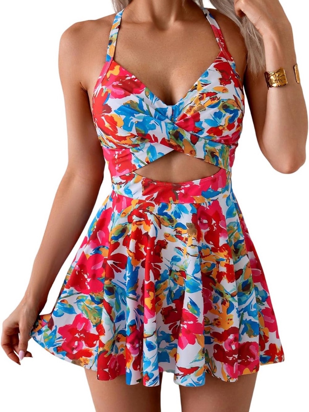 B2prity Women Cutout One Piece Skirt Swimsuit V Neck Wrap Tie Back Swimdress M
